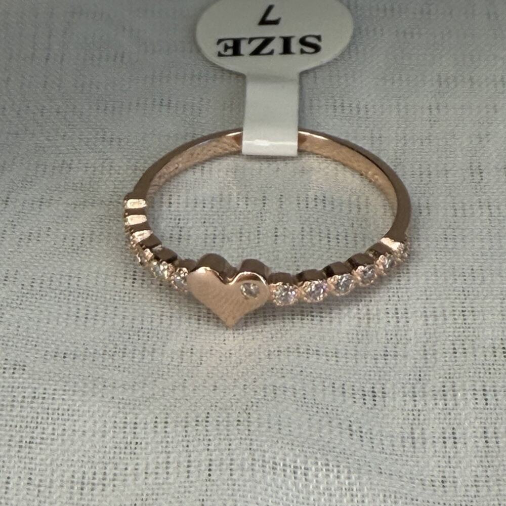 Sterling 925 Rose Gold Plated Ring With Heart And CZ’s Petite Cute Girl’s Size 7